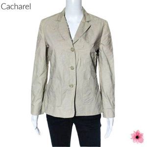 Cacharel Beige Tan VNeck Cotton Floral Accent Button Down Blazer